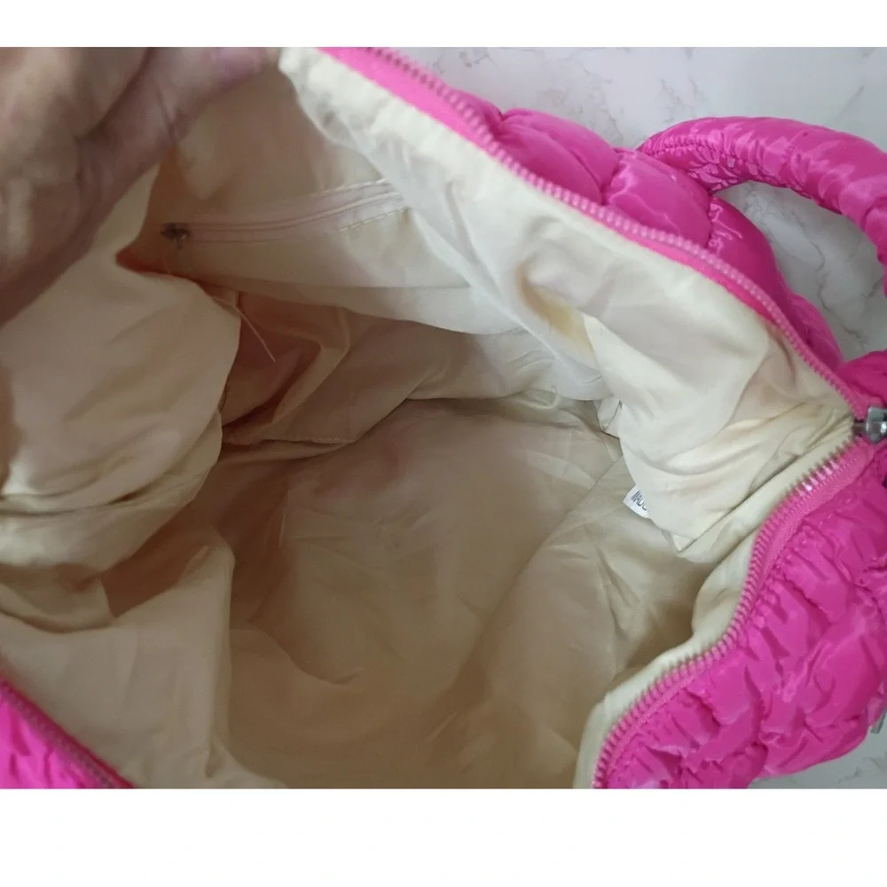 Hot Pink Quilted Puffer Hobo Bag & Clinque Striped Cosmetic Bag
